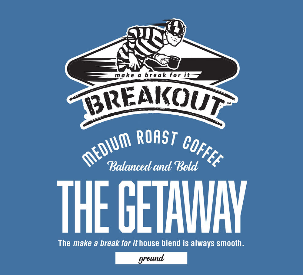Breakout Medium Roast Coffee advertisement with a blue background and text.