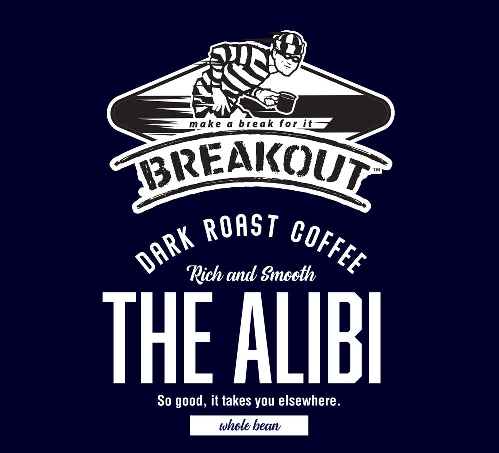 Breakout Dark Roast Coffee advertisement with a stylized graphic of a person holding a coffee cup on a dark background.