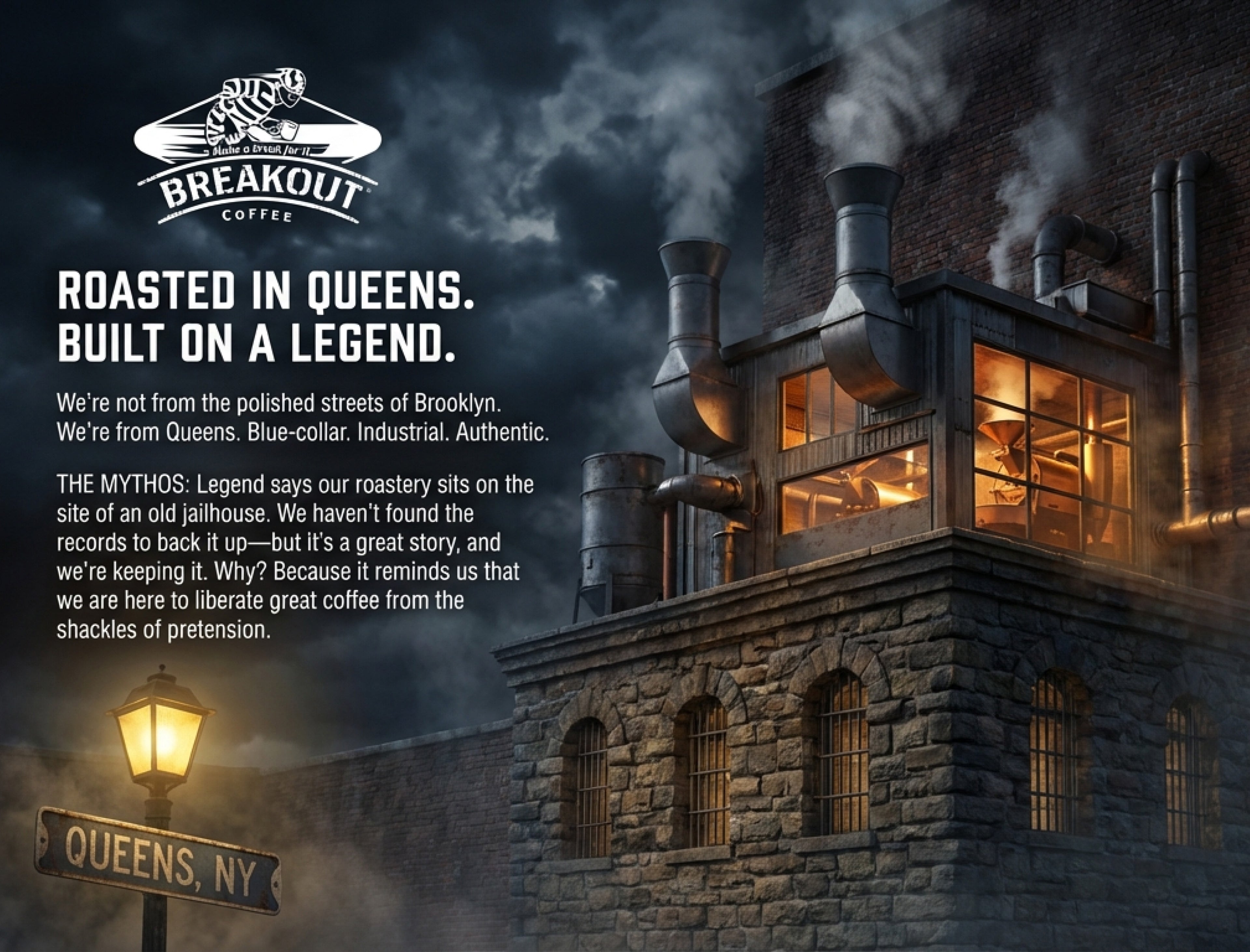 Advertisement for Breakout Coffee with a vintage factory and text about the brand's history.