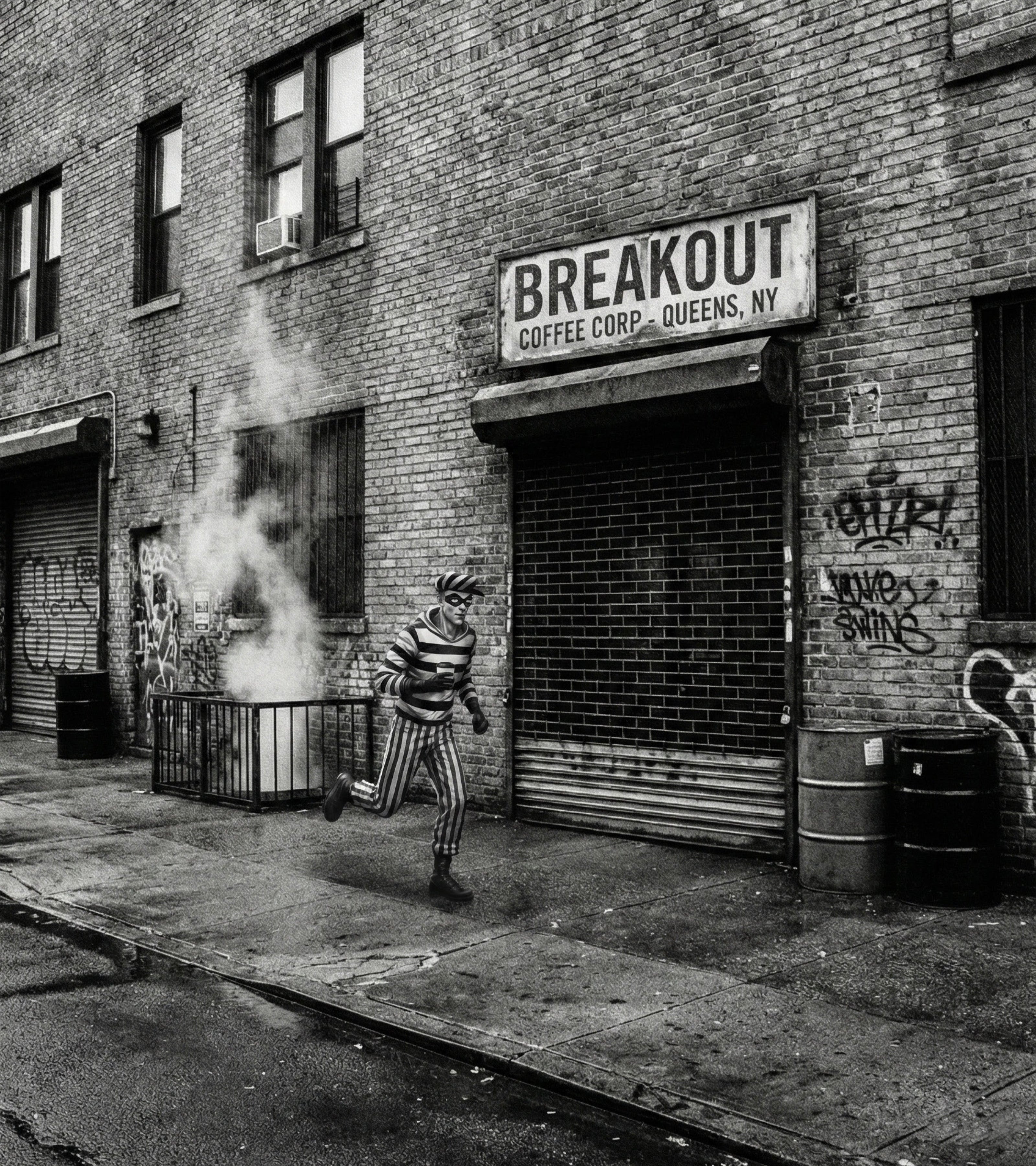 Black and white street scene with a person walking past a building with 'Breakout Coffee Corp' sign.