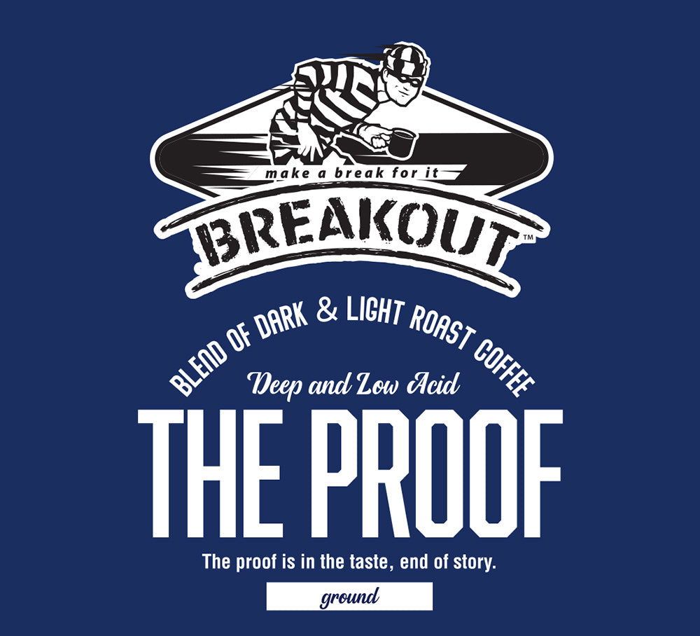 Breakout coffee advertisement with a graphic of a boxer on a blue background