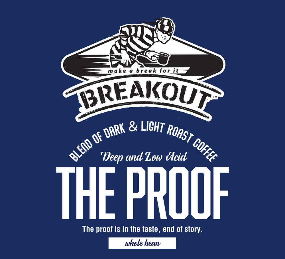 Advertisement for Breakout coffee blend on a blue background